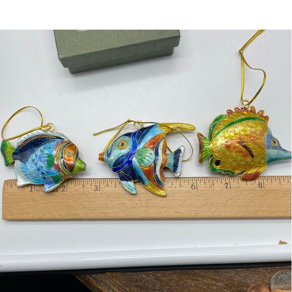 Vintage Cloisonne Enameled Tropical Fish Christmas Ornament Sealife  set of 3 - Picture 5 of 9